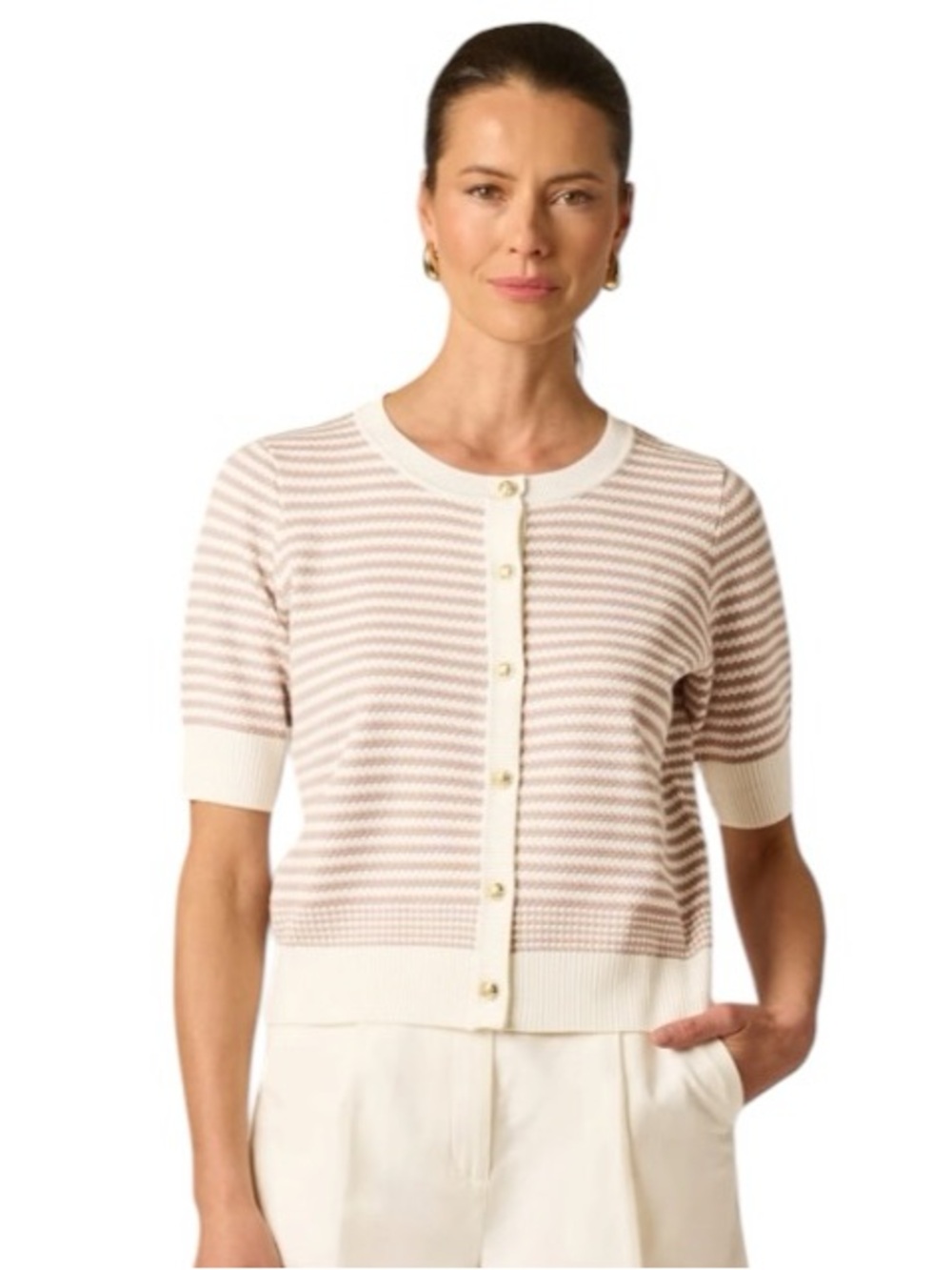 NWT Adrianna Papell SS Metallic Button Cardigan Sweater Ivory Sand Dune Sz. L